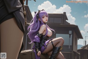 A woman with long purple hair wearing a purple outfit.