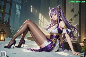 A woman in a purple outfit is posing for a picture.