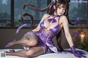 A woman with purple hair wearing a purple dress and gloves.