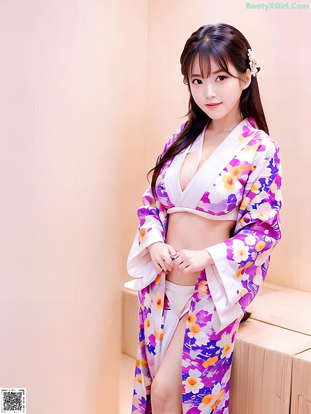 A woman in a purple and white kimono posing for a picture.