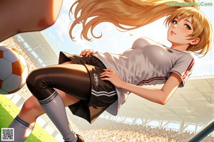 A woman in a black shirt and gray shorts holding up her arms.