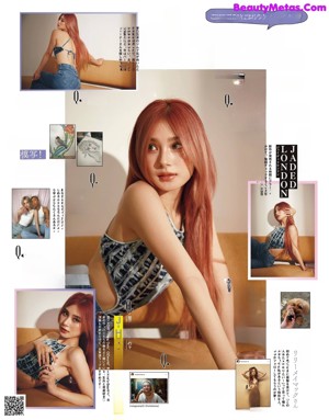 A magazine spread with a woman sitting on a chair.
