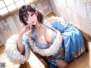 A woman in a kimono sitting on a bench.