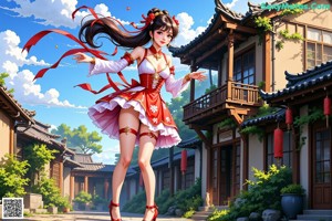 A woman in a red and white dress is dancing on a bridge.