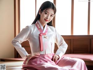A woman in a white and red hanbok posing for a picture.