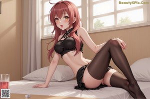 A woman in lingerie sitting on a couch with hearts flying around her.
