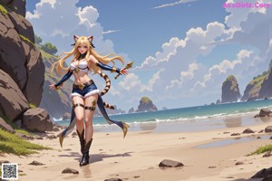 A woman in a bikini with a cat ears on her head.