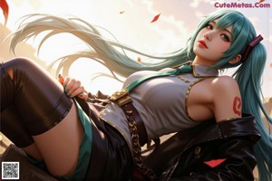 A woman with long green hair wearing a green and black outfit.