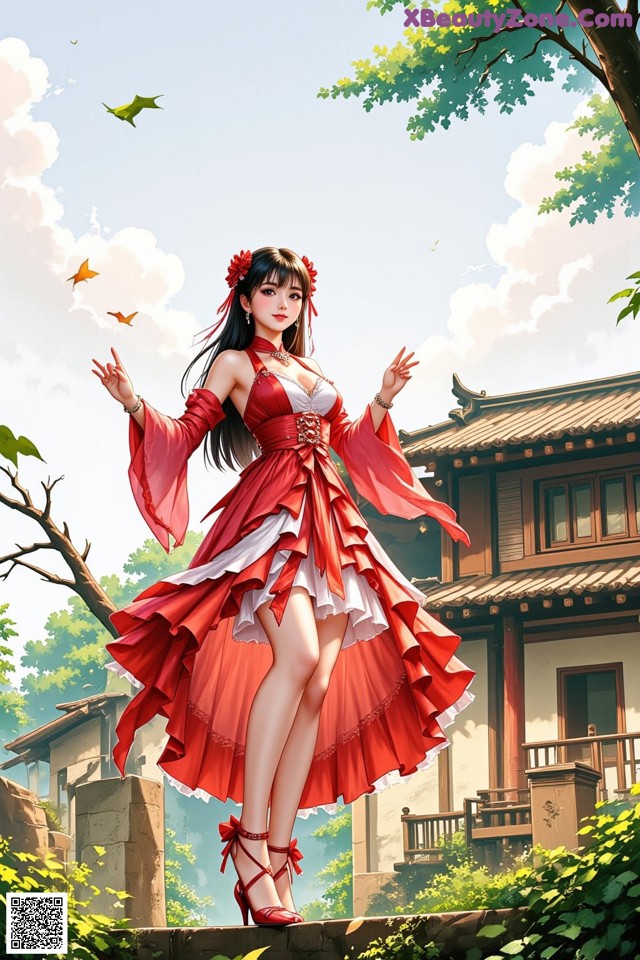 A woman in a red and white dress standing in front of a building.