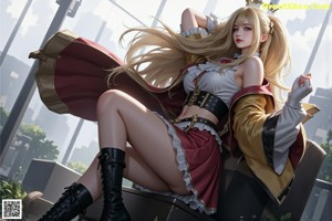 A woman with long blonde hair wearing a black and white outfit.