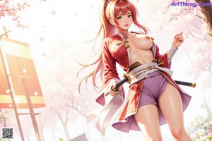 A woman in traditional attire stands under cherry blossoms with petals falling around her.