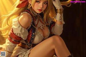 A woman in a pink and white outfit holding a sword.