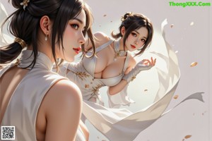 A woman in a white dress with flowers in her hair.
