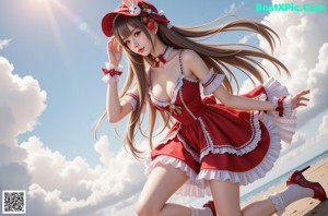 A woman in a red and white dress is posing for a picture.
