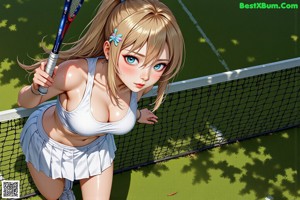 A woman in a white bikini holding a tennis racket.