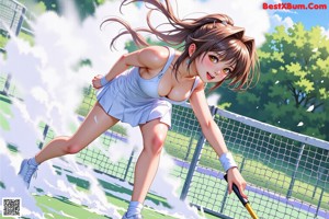 A woman in a bikini holding a tennis racket.