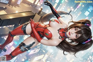 A woman in a red latex outfit standing in the middle of a city.