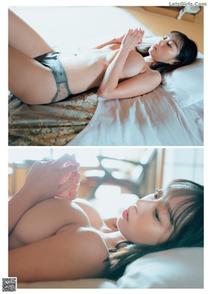 A woman in a pink lingerie sitting on a bed.