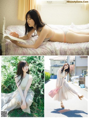 A woman laying on a bed reading a book.
