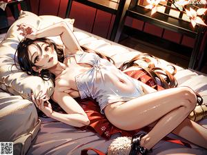 A woman in a white bikini sitting on a bed.
