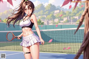 A woman in a white dress holding a tennis racket.