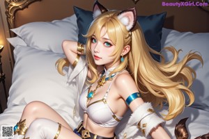 A woman in a white top and blue shorts with a cat ears on her head.