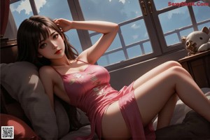 A woman in a pink dress sitting on a bed.