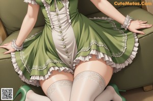 A woman in a green and white dress sitting on a chair.