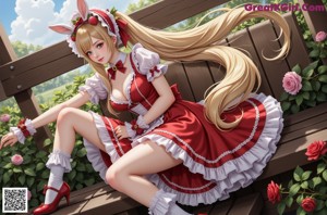 A woman in a red and white dress sitting on a couch.