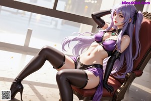 A woman in a purple outfit sitting on a bench.