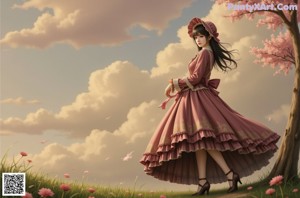 A woman in a pink dress and hat standing in a field.