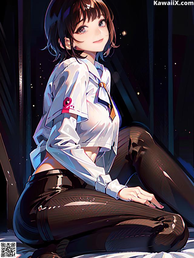 A girl in a white shirt and black pants sitting on a bed.